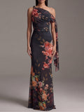 Abito Maxi Nero Monospalla Plissettato in Chiffon con Stampa