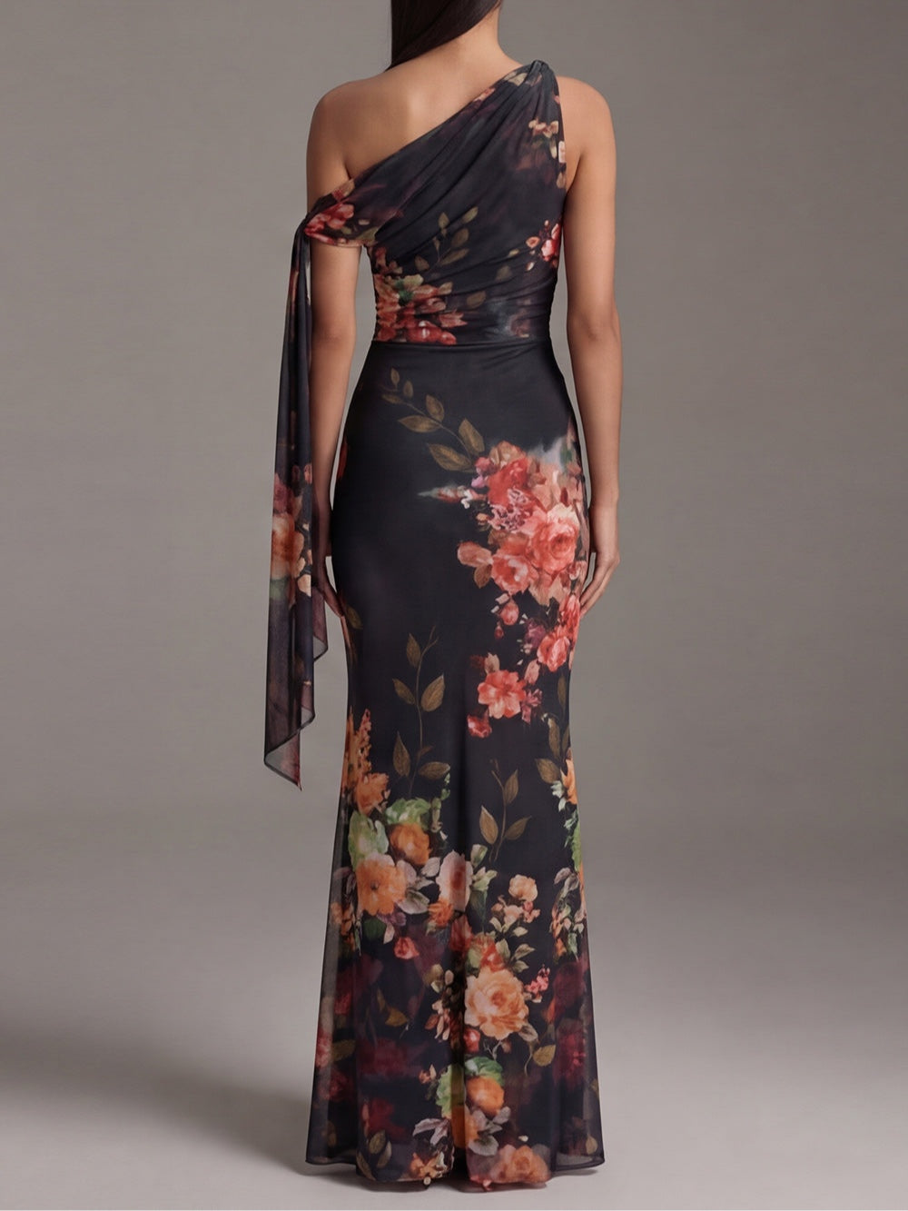 Abito Maxi Nero Monospalla Plissettato in Chiffon con Stampa