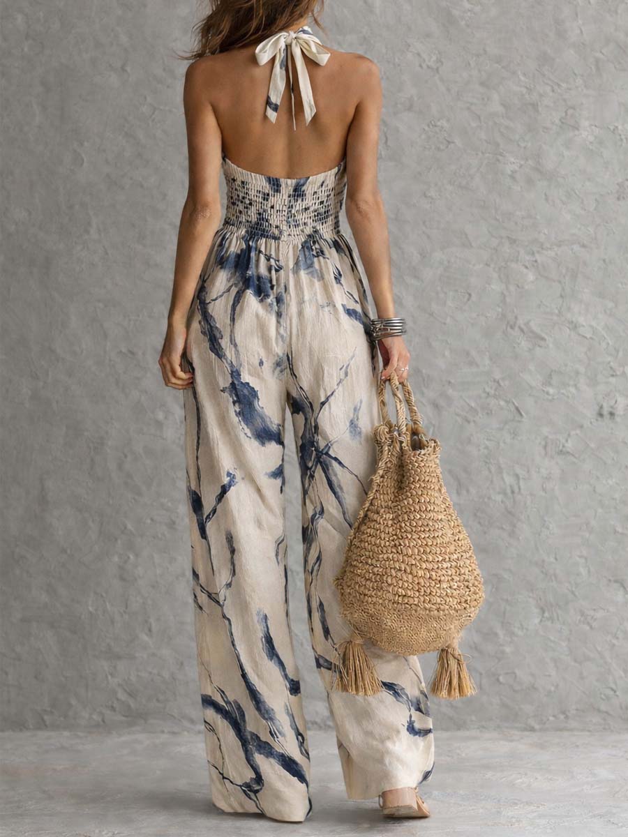 Tuta Intera a Gamba Larga con Scollo all’Americana, Stampa Effetto Inchiostro e Tasche