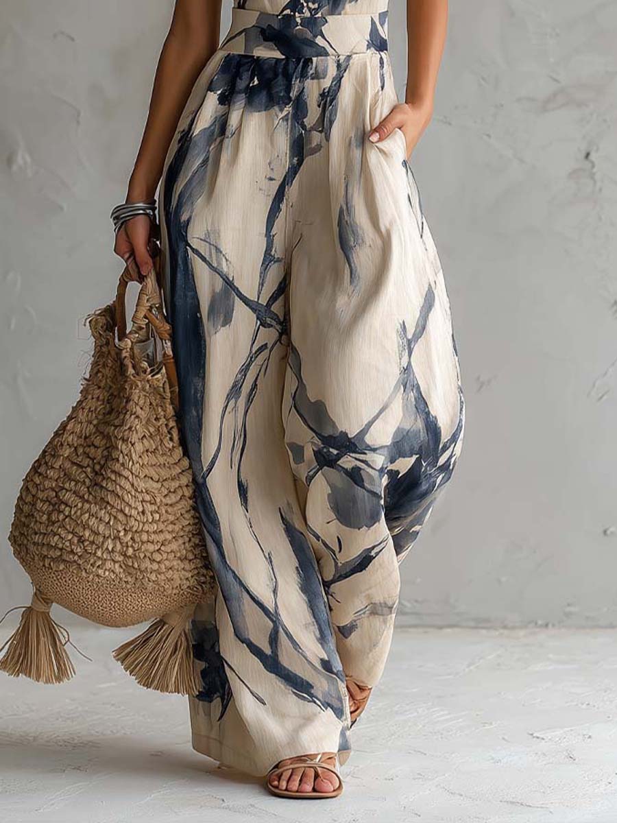 Tuta Intera a Gamba Larga con Scollo all’Americana, Stampa Effetto Inchiostro e Tasche