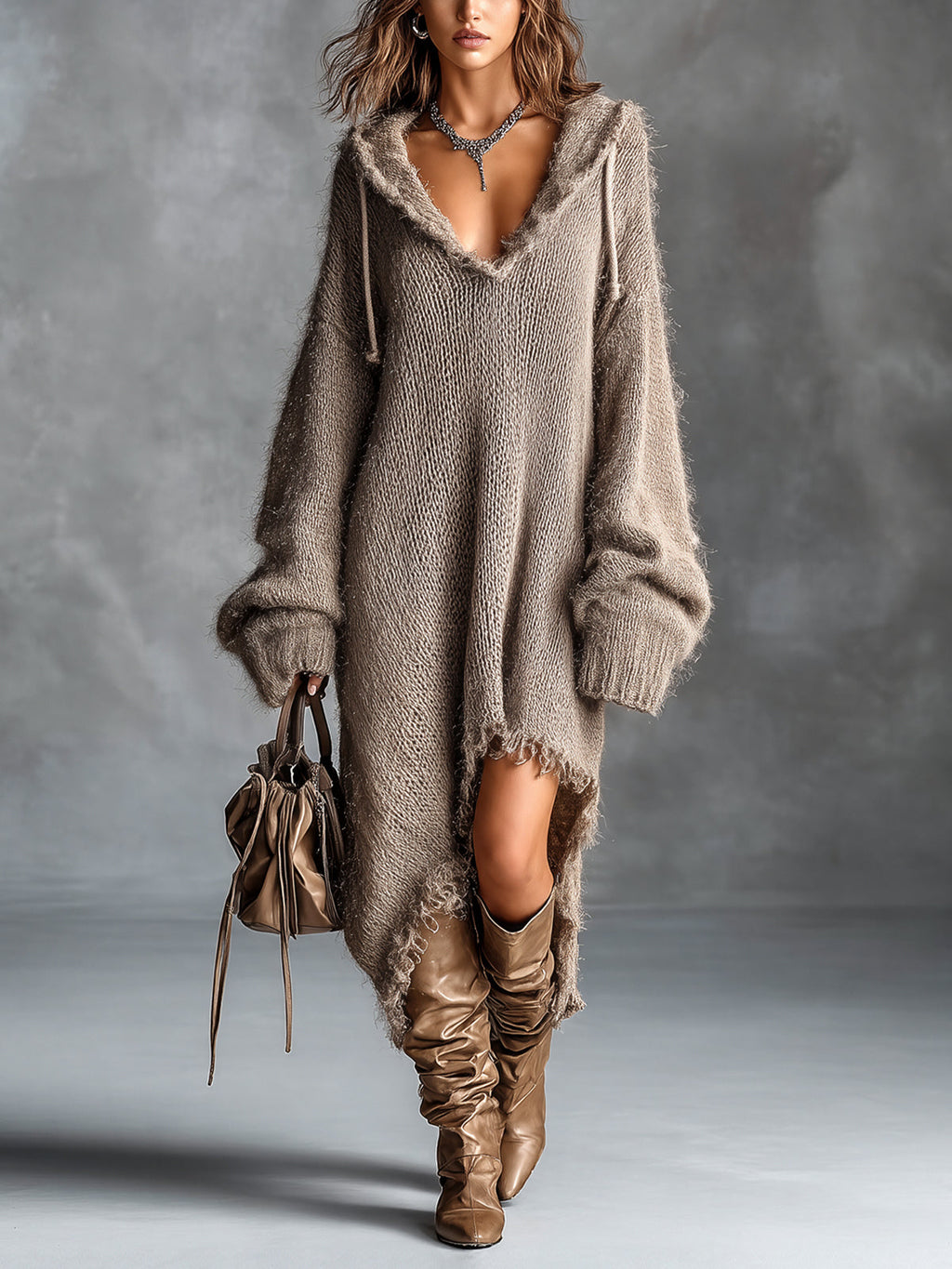 Chiara | Abito Midi in Maglia Felpata con Cappuccio