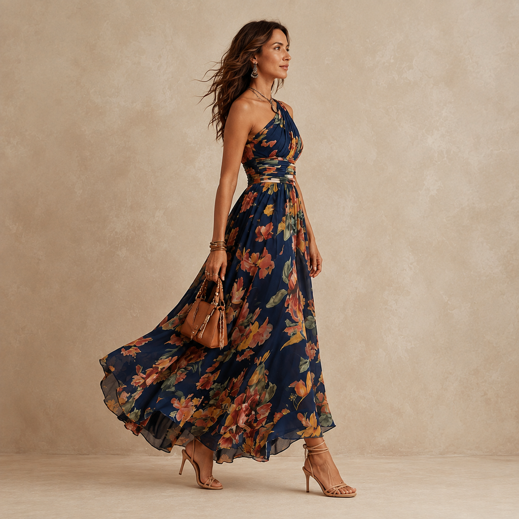 Celeste | Abito Lungo Monospalla in Chiffon Floreale