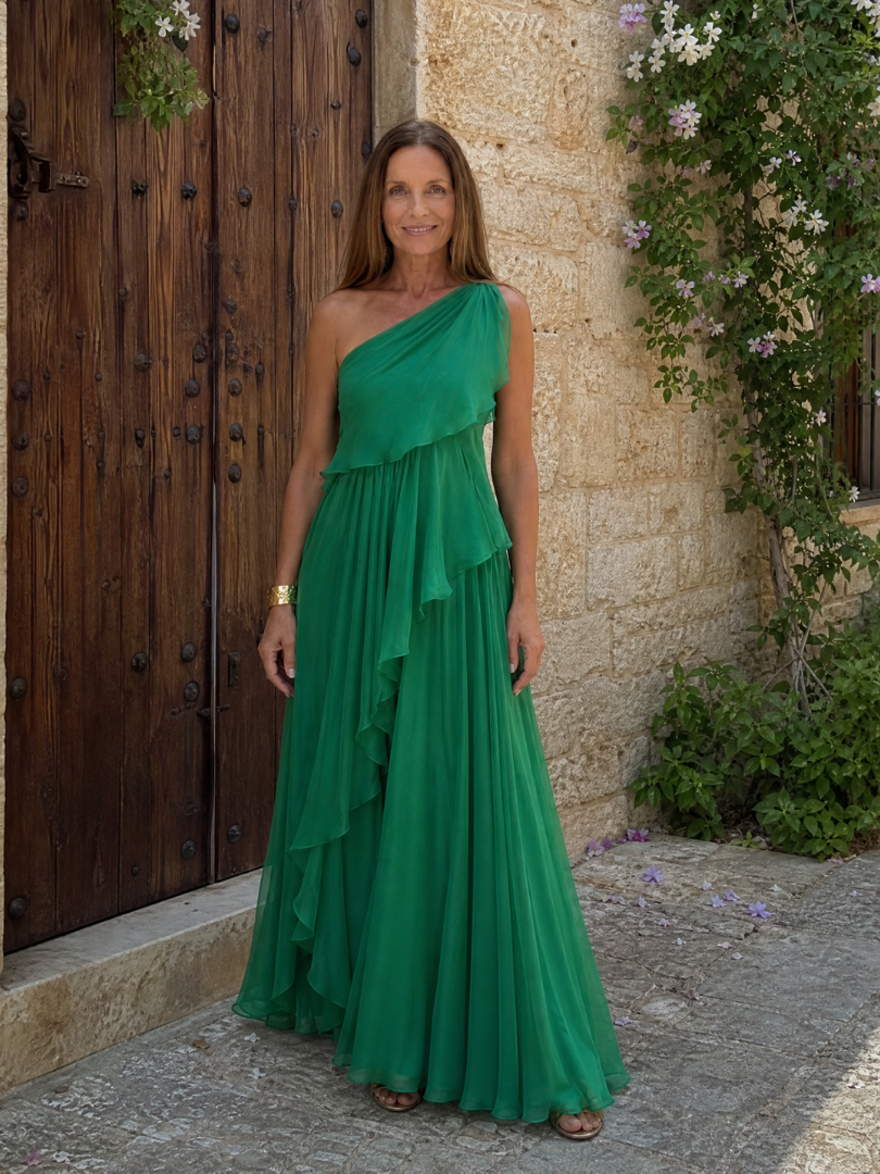 Tracey™ | Abito Lungo Monospalla con Balze a Cascata