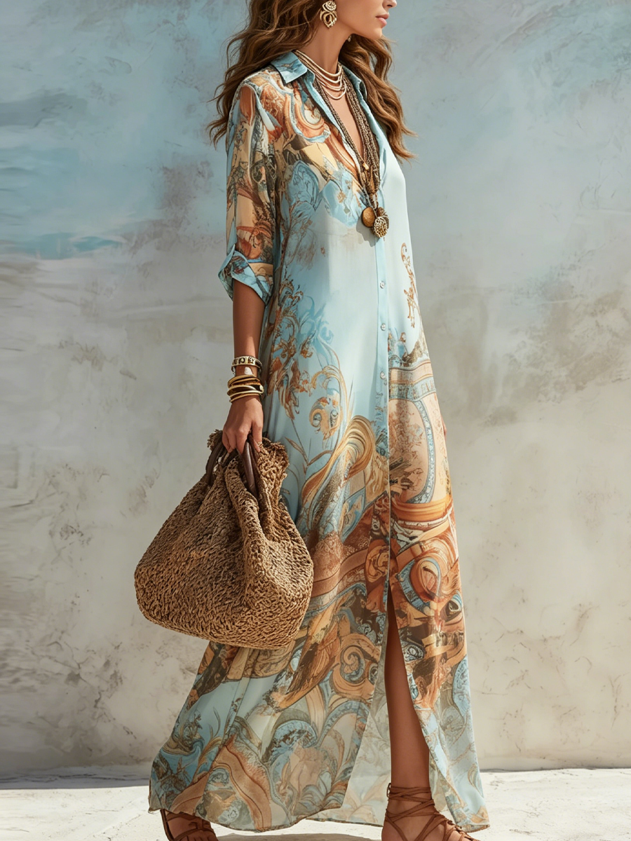 Abito Maxi Blu in Chiffon Floreale in Stile Barocco