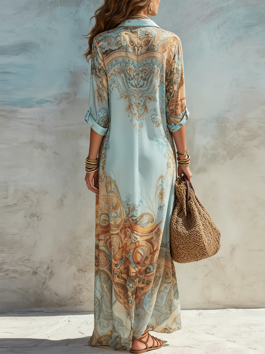 Abito Maxi Blu in Chiffon Floreale in Stile Barocco