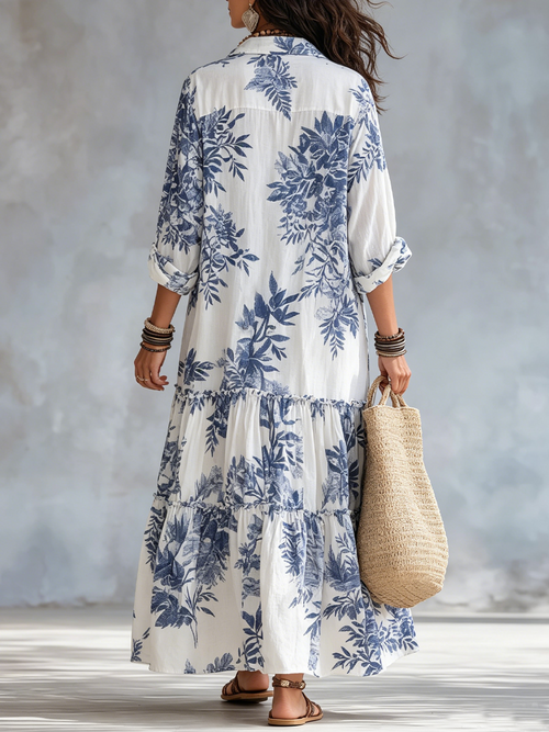 Abito Maxi Boho Blu Floreale con Chiusura Frontale a Bottoni
