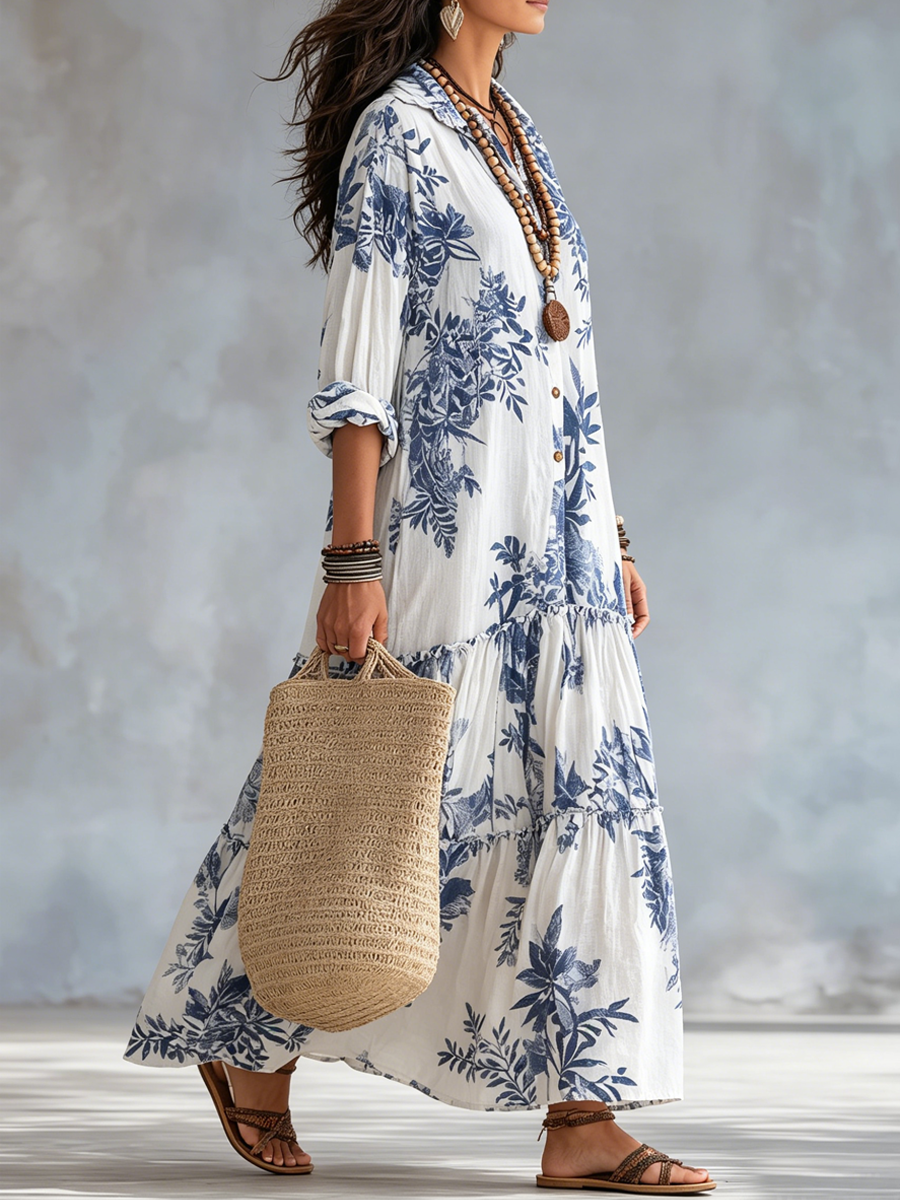 Abito Maxi Boho Blu Floreale con Chiusura Frontale a Bottoni
