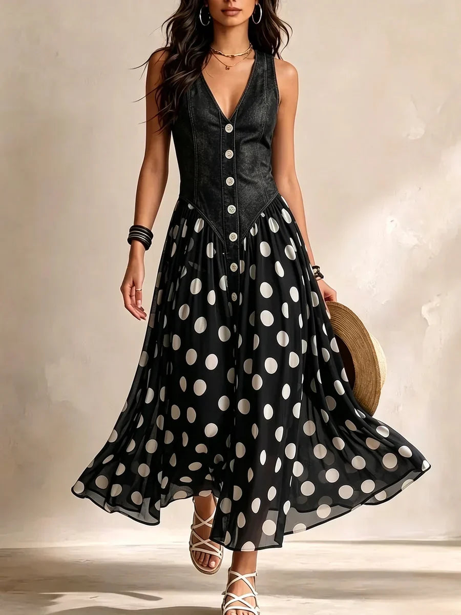 Adeline | Abito Lungo Effetto Denim a Pois