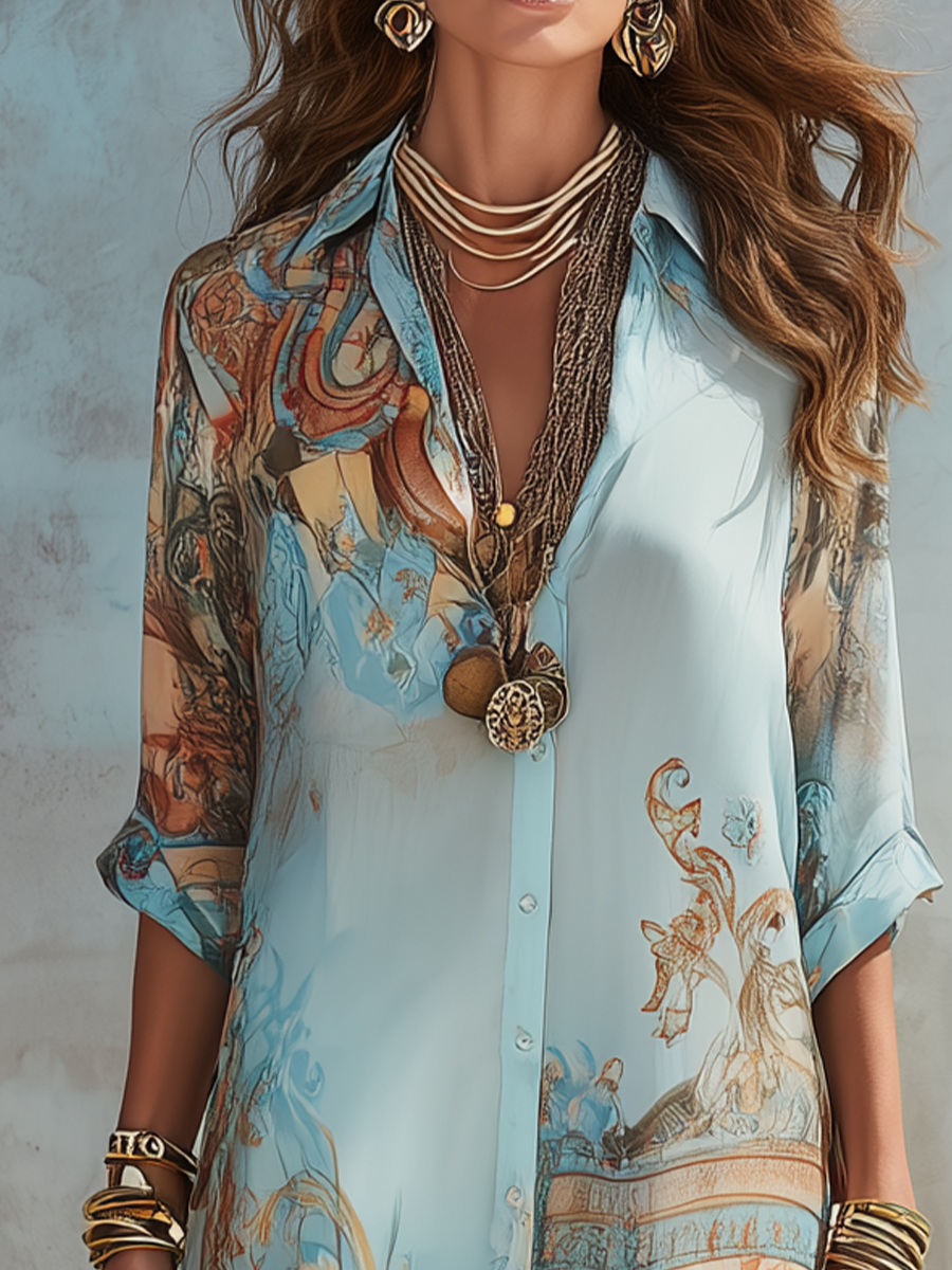 Abito Maxi Blu in Chiffon Floreale in Stile Barocco