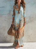 Abito Maxi Blu in Chiffon Floreale in Stile Barocco