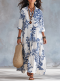 Abito Maxi Boho Blu Floreale con Chiusura Frontale a Bottoni