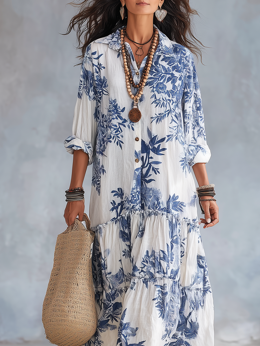 Abito Maxi Boho Blu Floreale con Chiusura Frontale a Bottoni