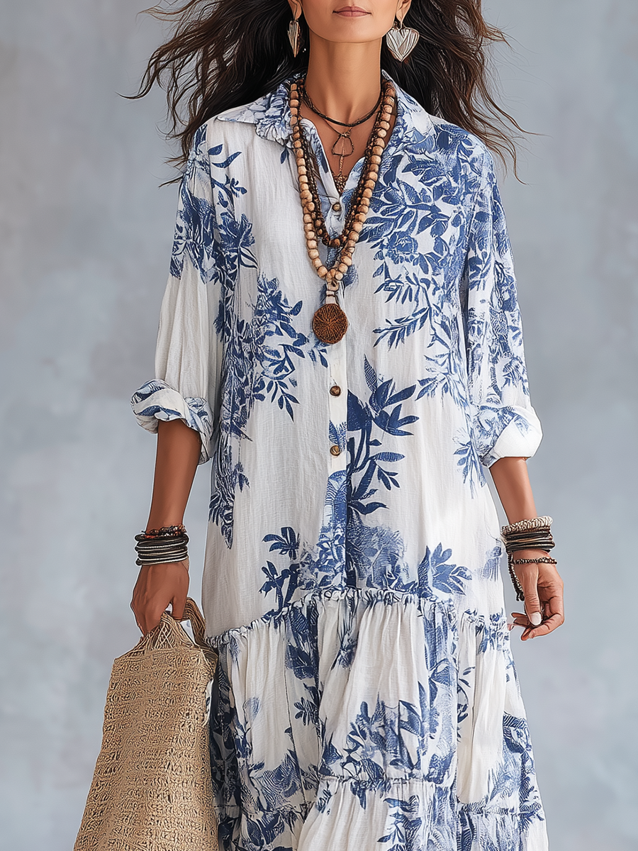 Abito Maxi Boho Blu Floreale con Chiusura Frontale a Bottoni