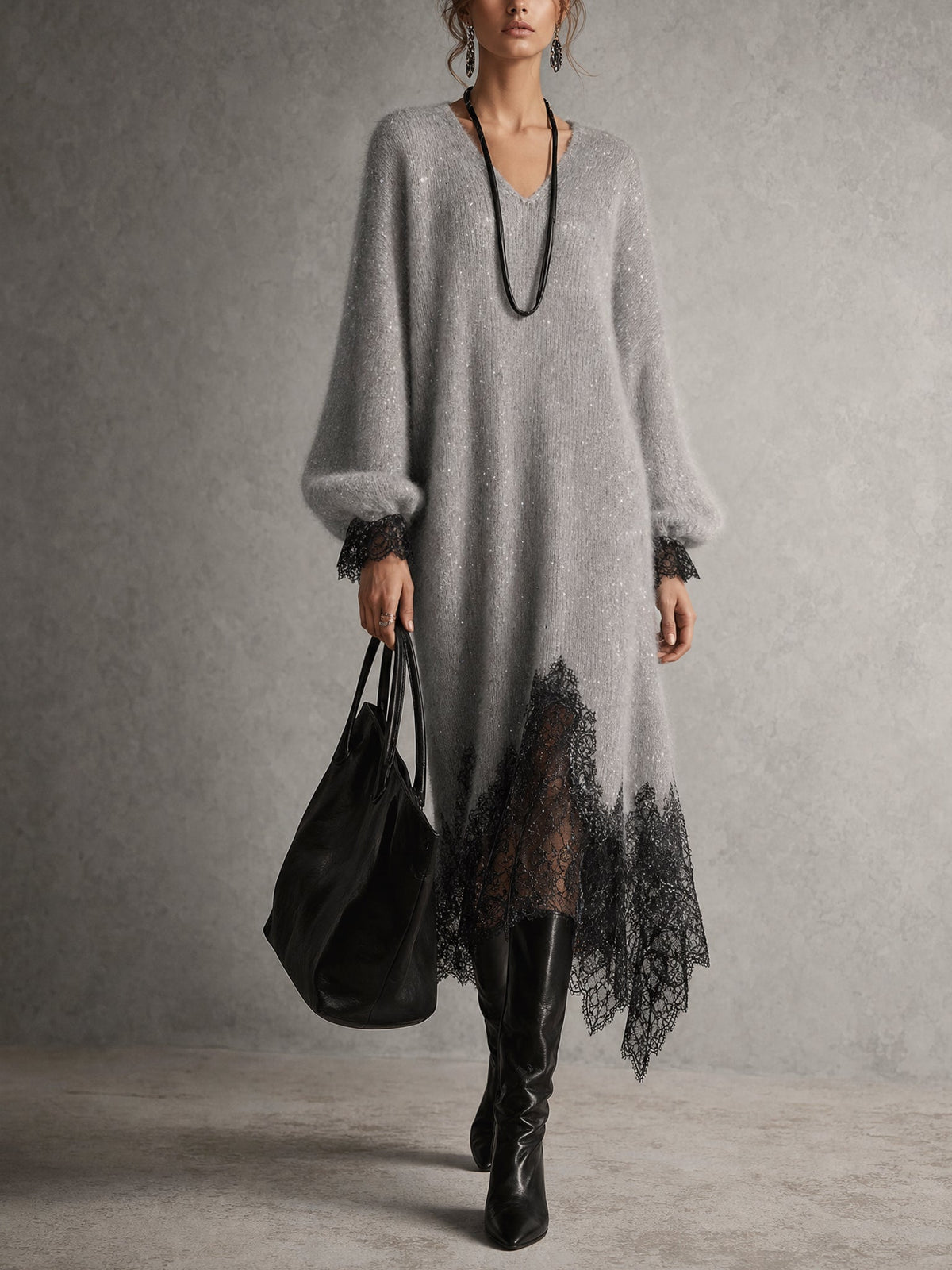 Grazia | Abito Midi Grigio in Maglia con Orlo in Pizzo