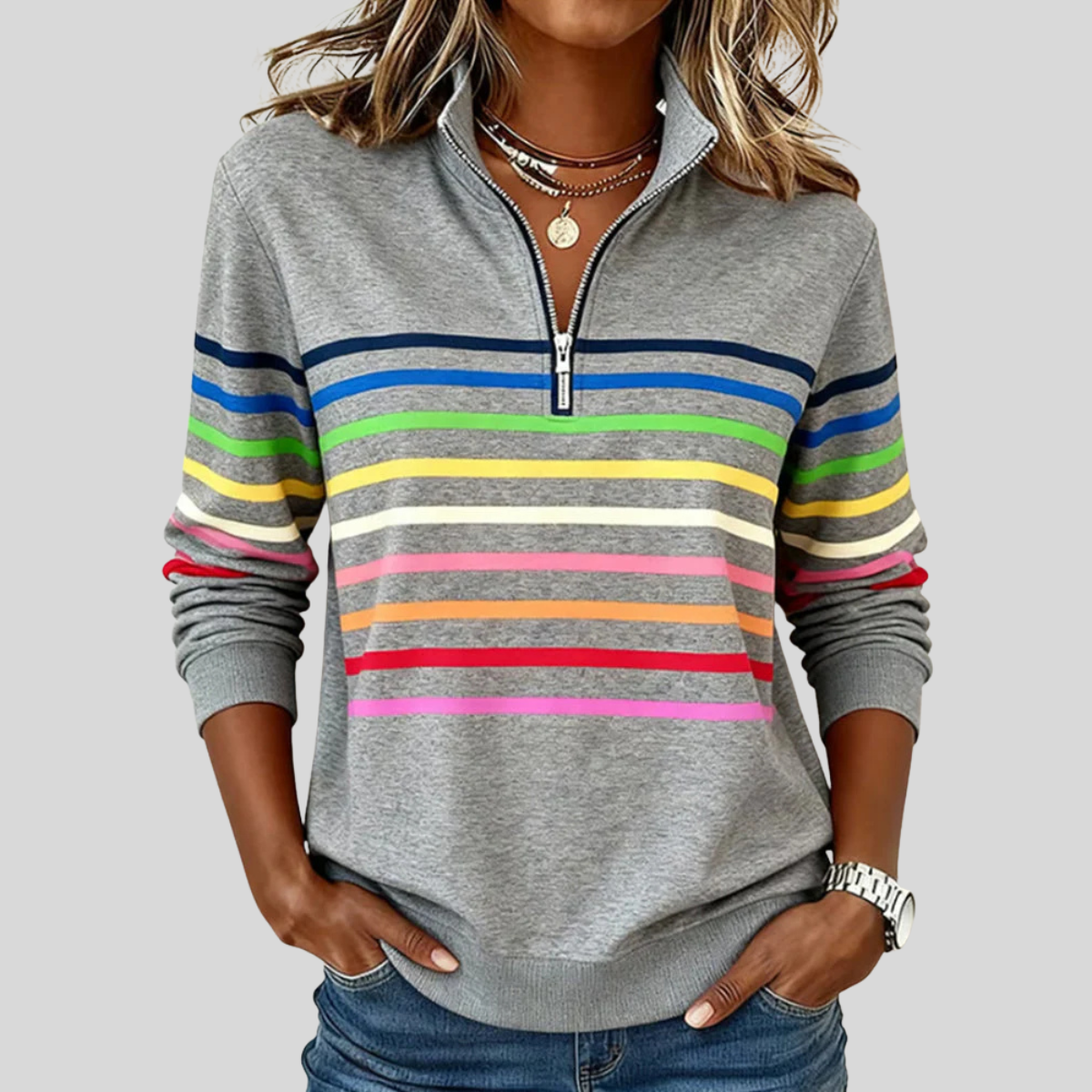 Nathalie | Felpa con Zip a Righe Multicolori