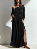 Selene | Completo Top a Spalla Scoperta e Gonna Maxi a Righe, Nero