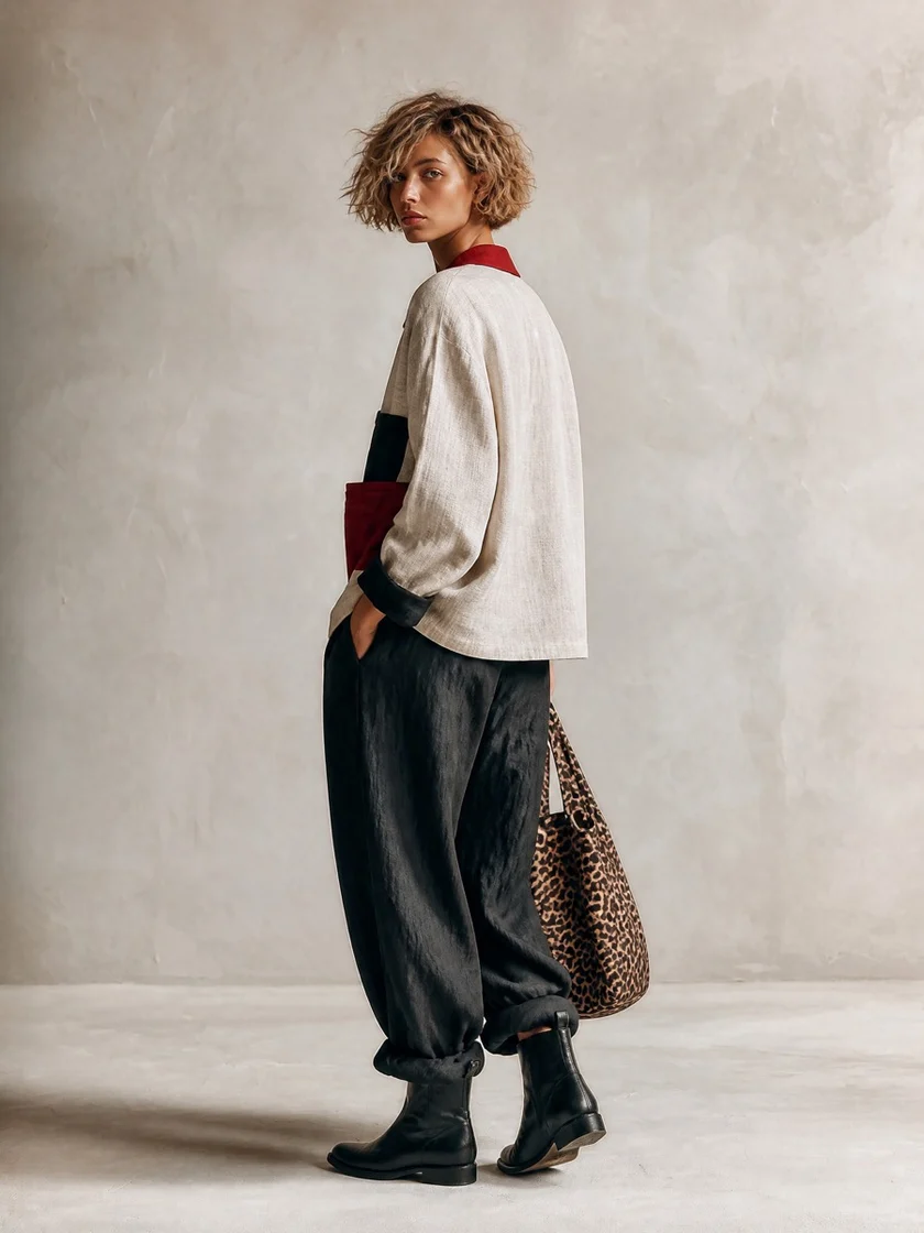 Lidia | Completo Camicia Color Block e Pantaloni Ampi, Beige e Nero