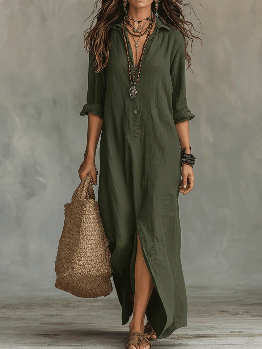 Soline™ | Abito Maxi Nero Ampio con Bottoni