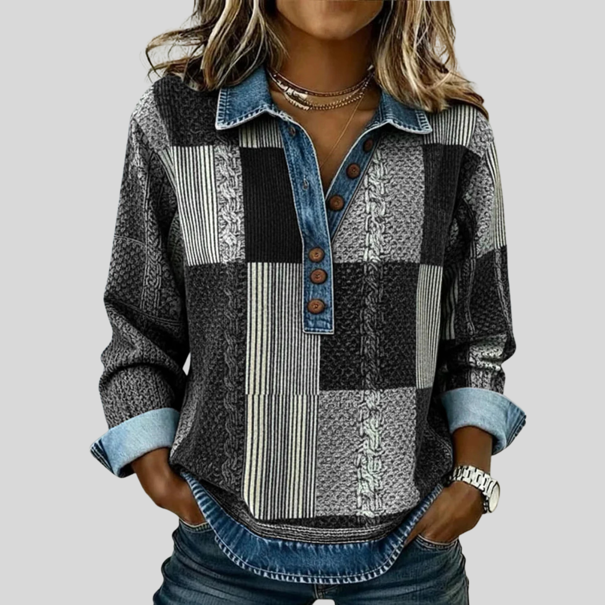 Sylvie | Maglione Patchwork Effetto Denim
