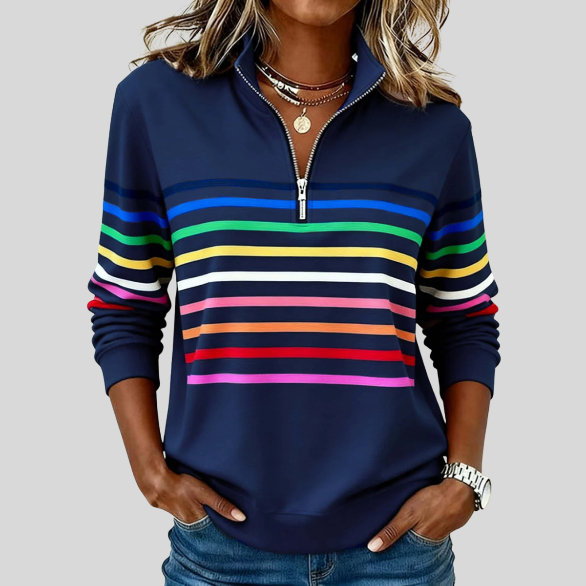 Nathalie | Felpa con Zip a Righe Multicolori