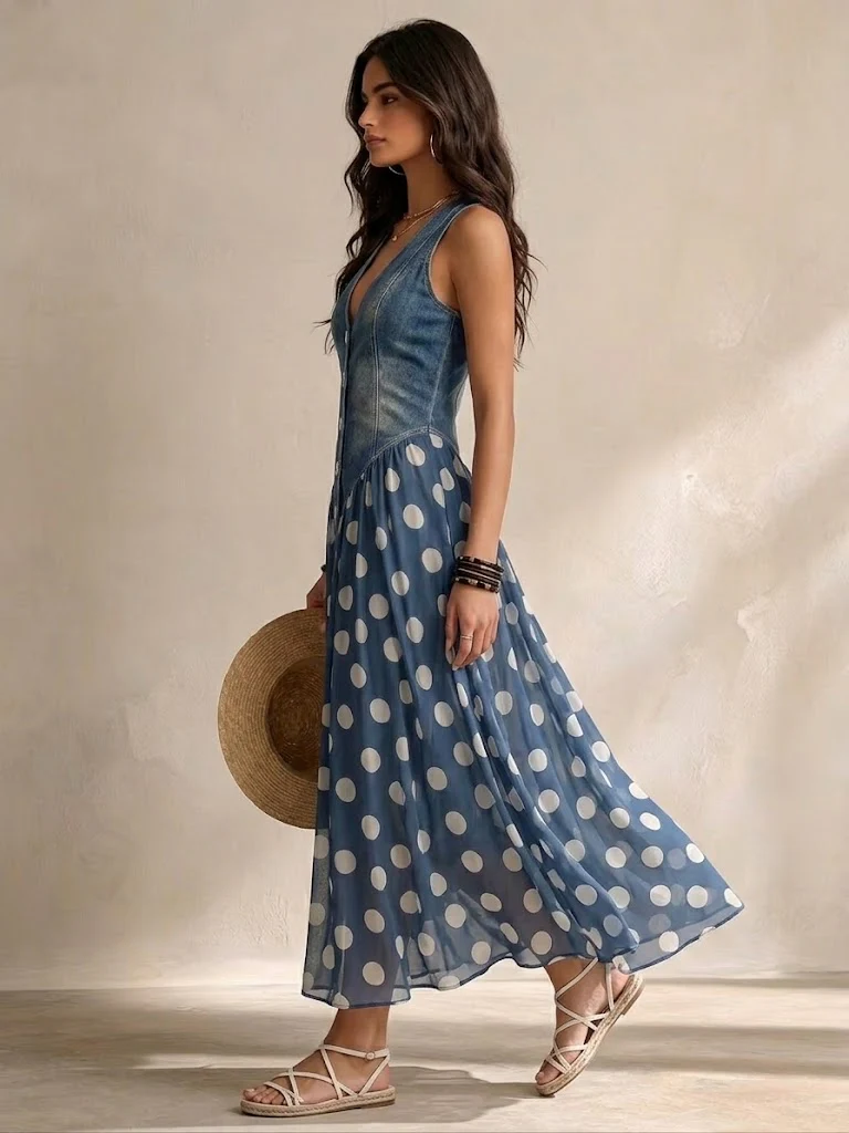 Adeline | Abito Lungo Effetto Denim a Pois