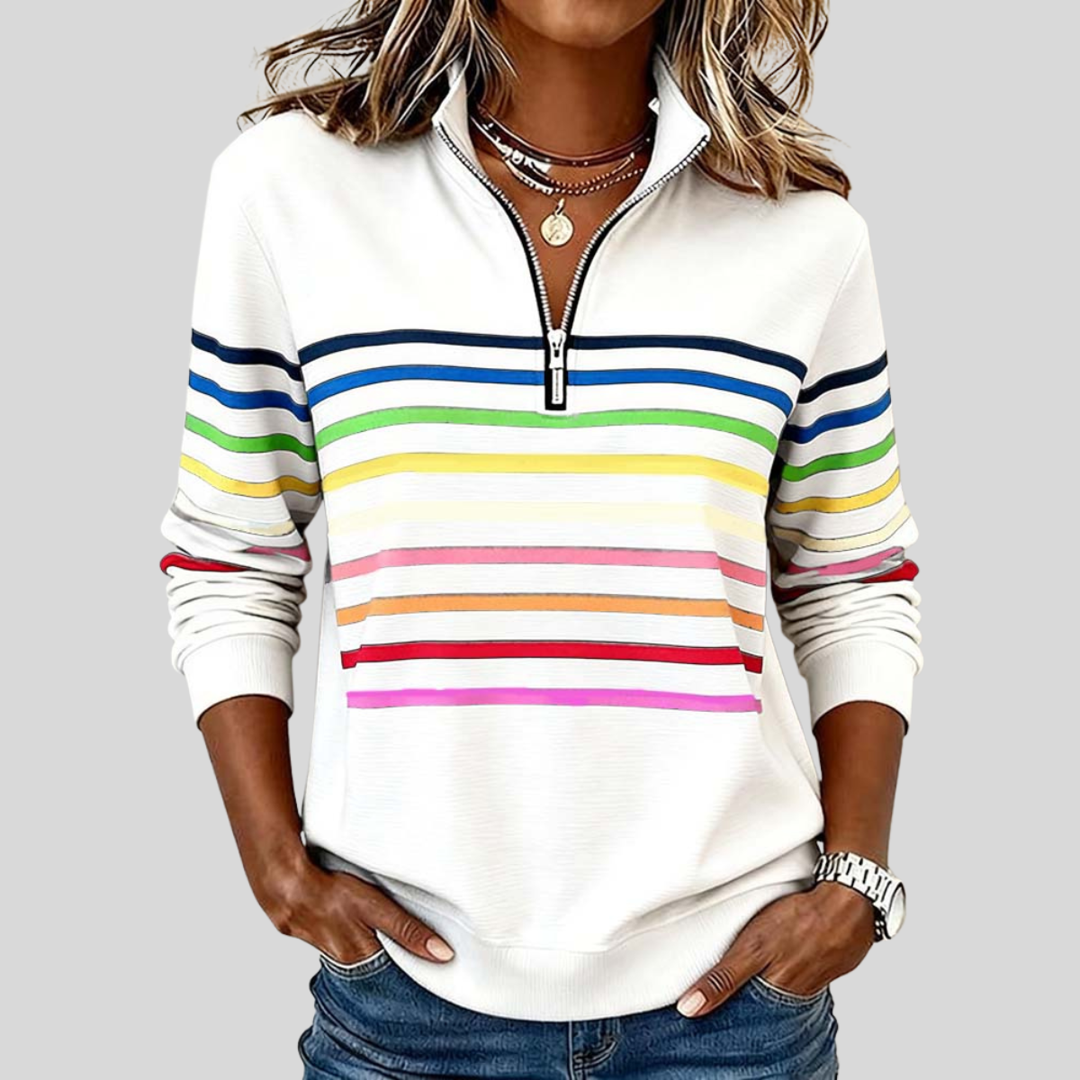 Nathalie | Felpa con Zip a Righe Multicolori