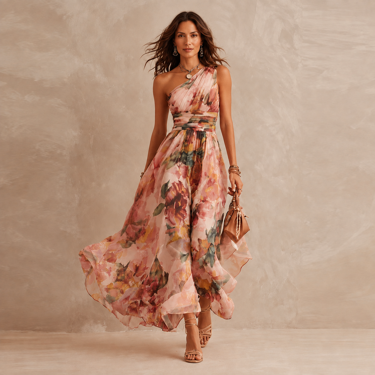 Celeste | Abito Lungo Monospalla in Chiffon Floreale