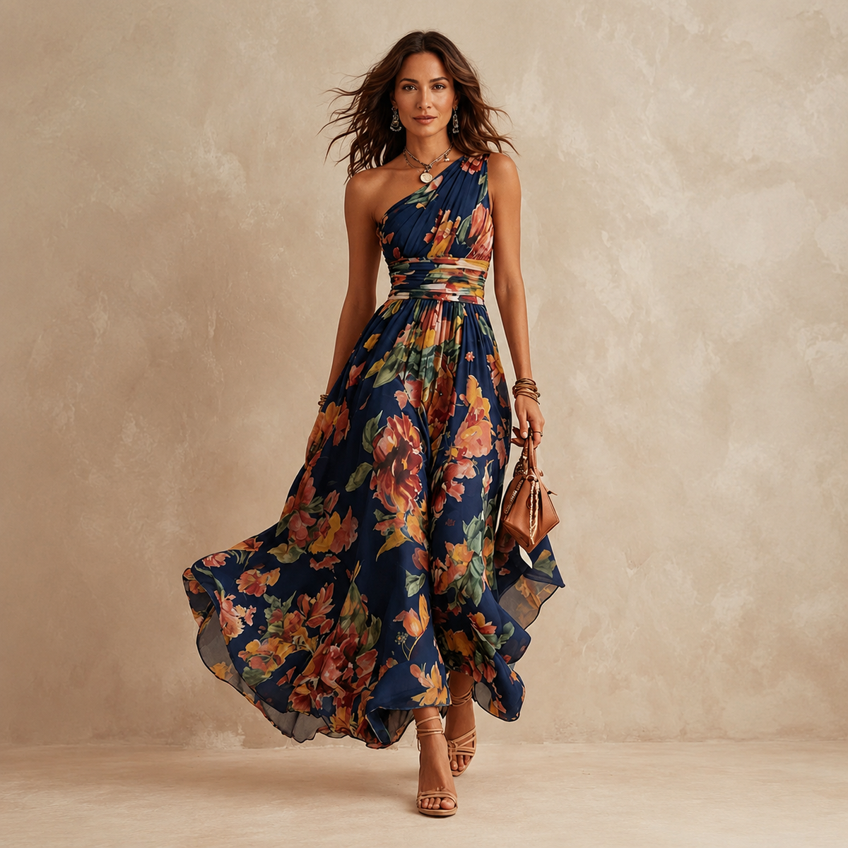 Celeste | Abito Lungo Monospalla in Chiffon Floreale