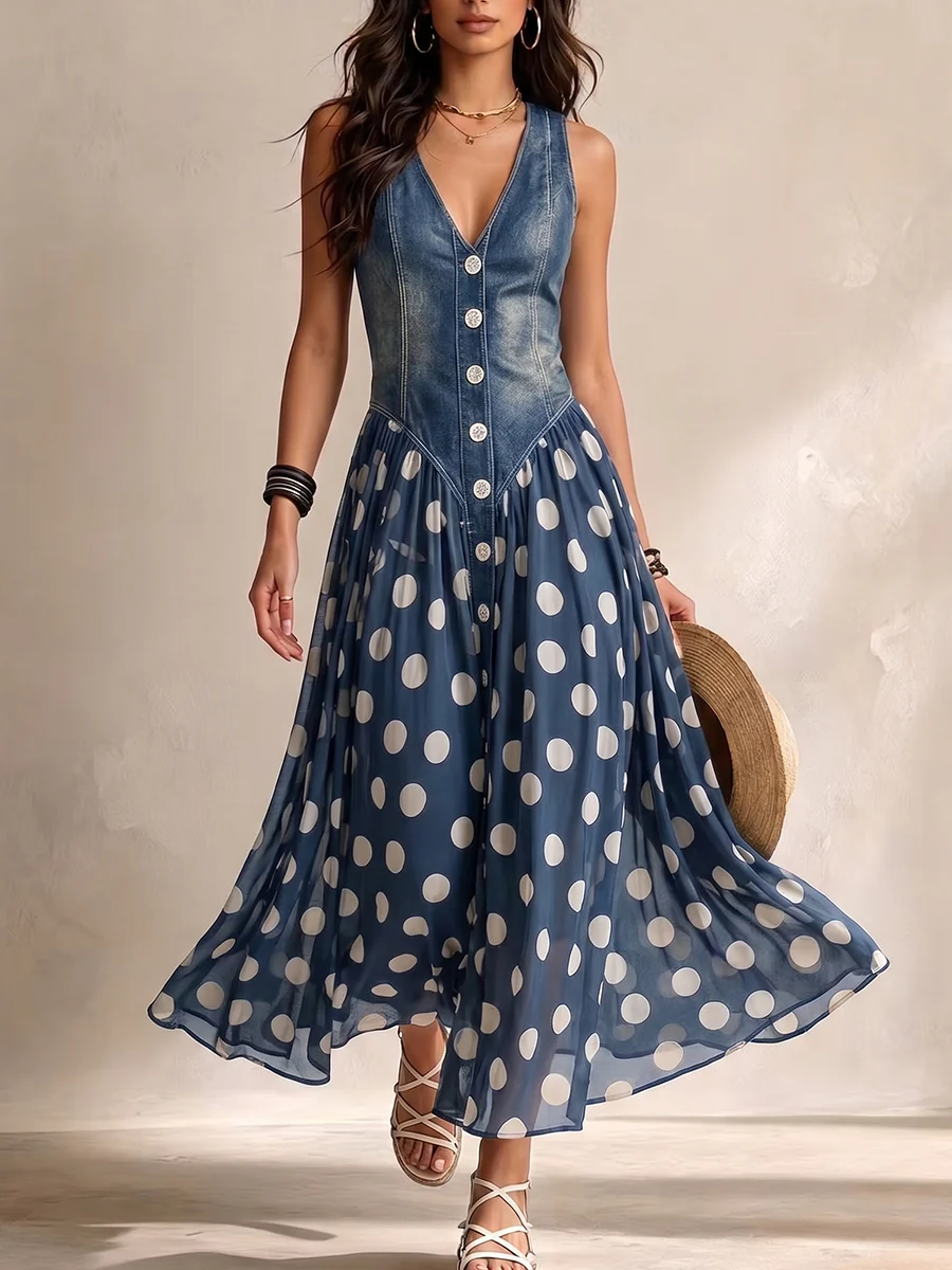 Adeline | Abito Lungo Effetto Denim a Pois