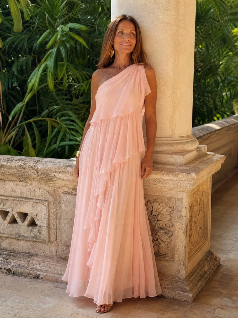 Tracey™ | Abito Lungo Monospalla con Balze a Cascata