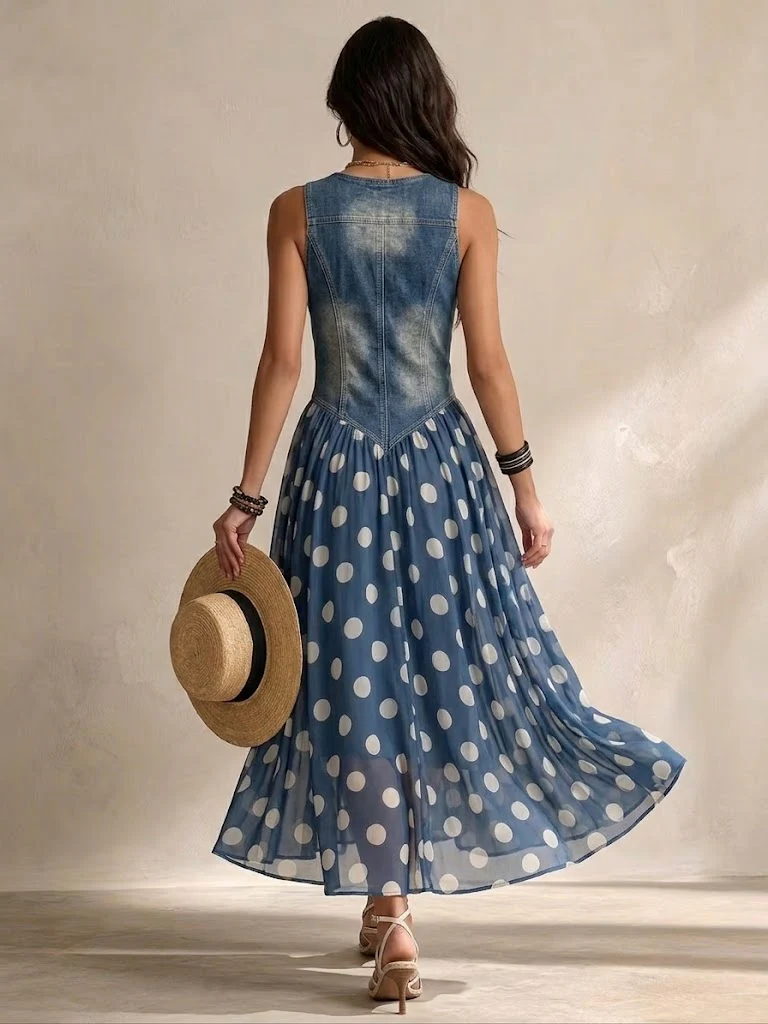 Adeline | Abito Lungo Effetto Denim a Pois