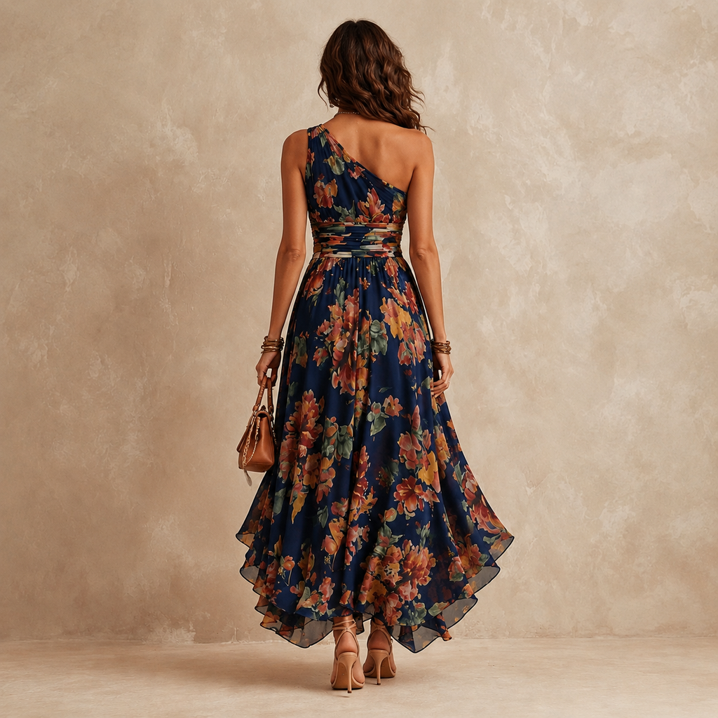 Celeste | Abito Lungo Monospalla in Chiffon Floreale