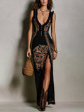 Abito Stampato in Stile Boho con Scollo a V Profondo e Spacco Alto