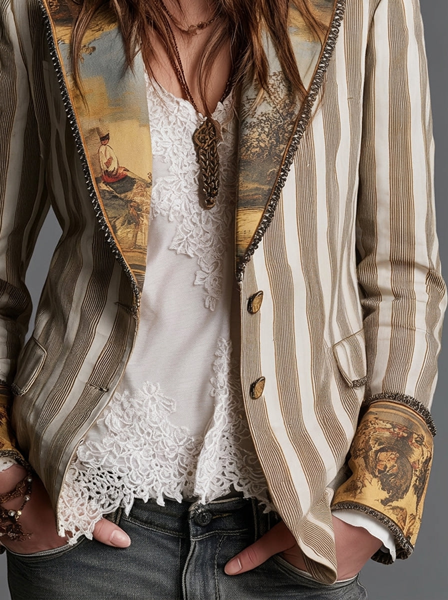 Sara | Blazer Boho a Righe con Collo Stampato