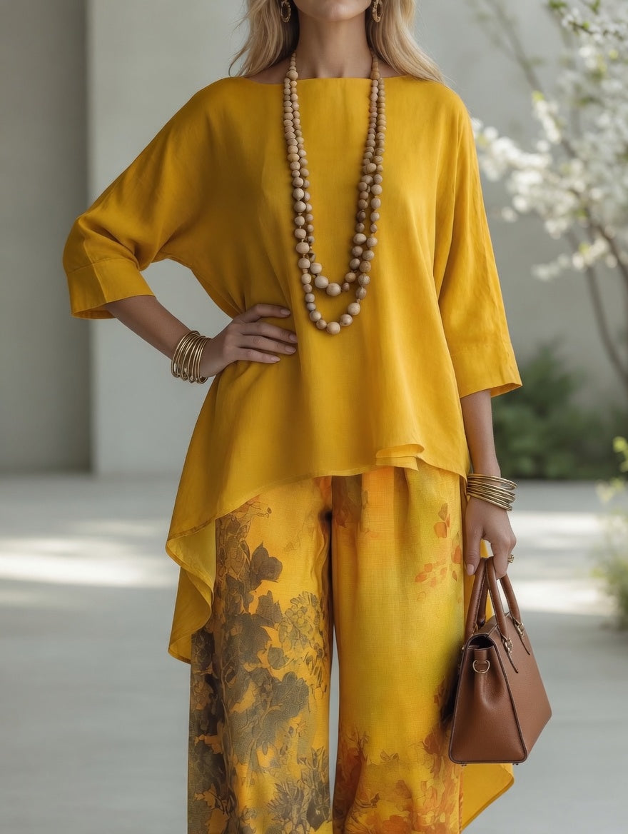 Lorenza | Completo Vintage con Tunica e Pantaloni a Stampa Botanica