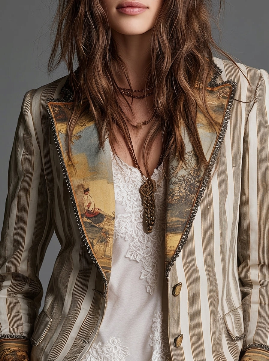 Sara | Blazer Boho a Righe con Collo Stampato