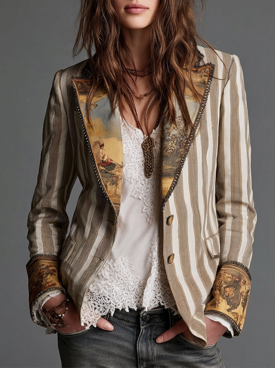 Sara | Blazer Boho a Righe con Collo Stampato