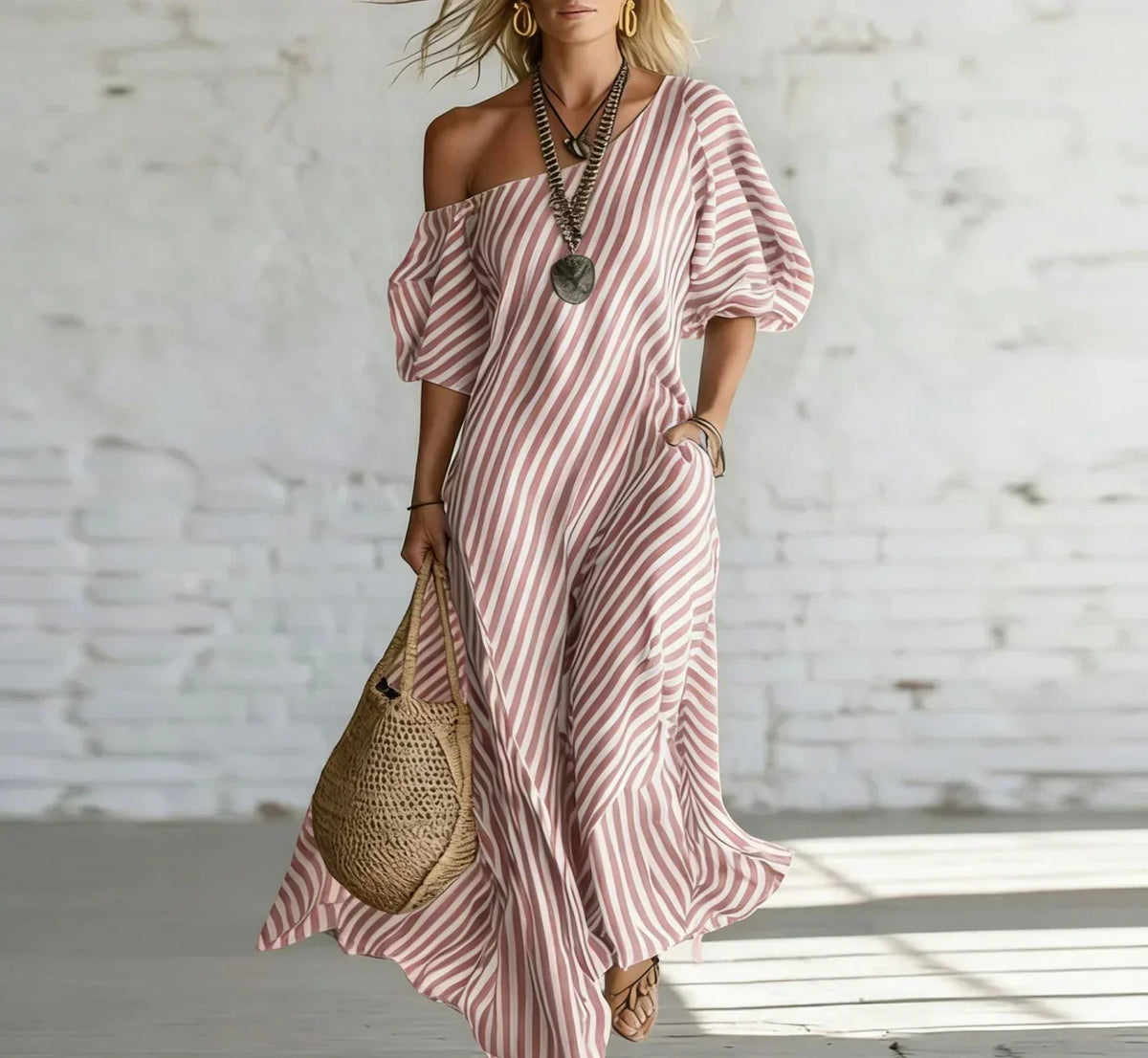 Alysha™ | Abito Lungo Monospalla a Righe con Tasche