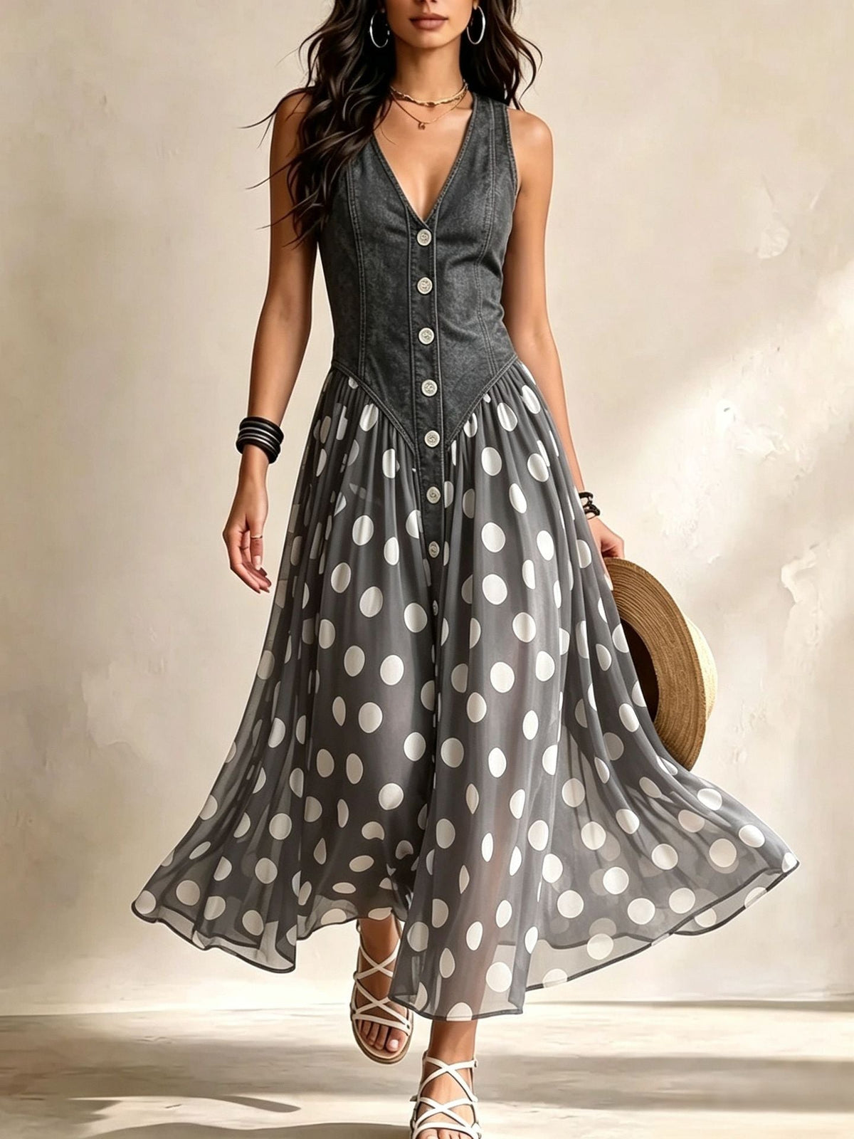 Adeline | Abito Lungo Effetto Denim a Pois