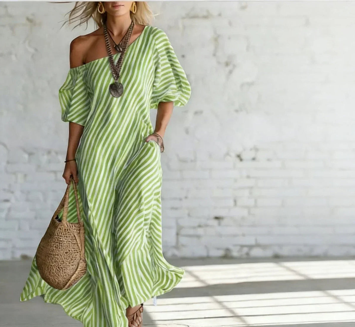 Alysha™ | Abito Lungo Monospalla a Righe con Tasche