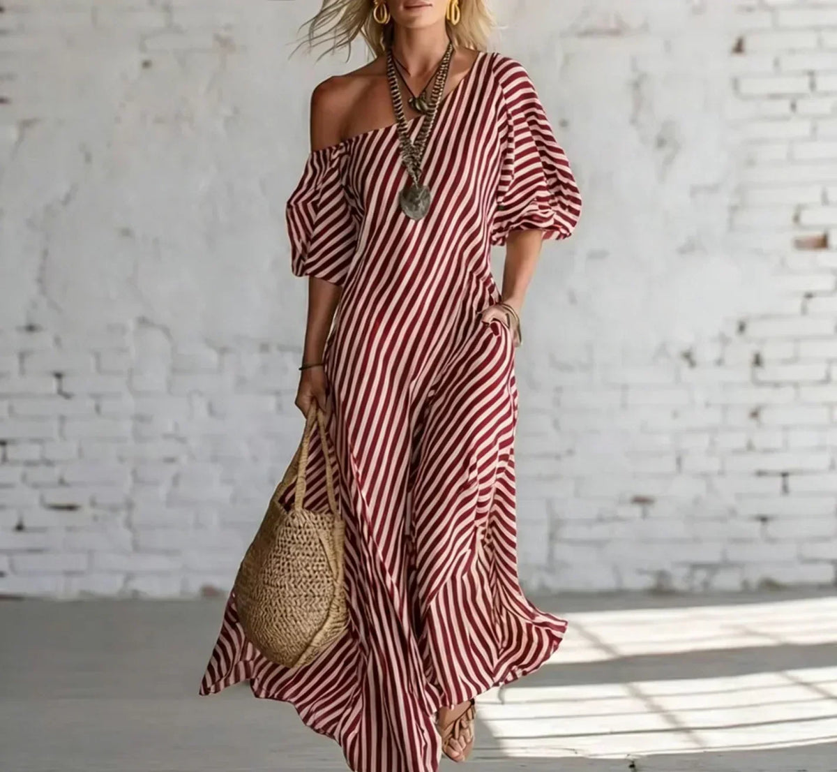 Alysha™ | Abito Lungo Monospalla a Righe con Tasche