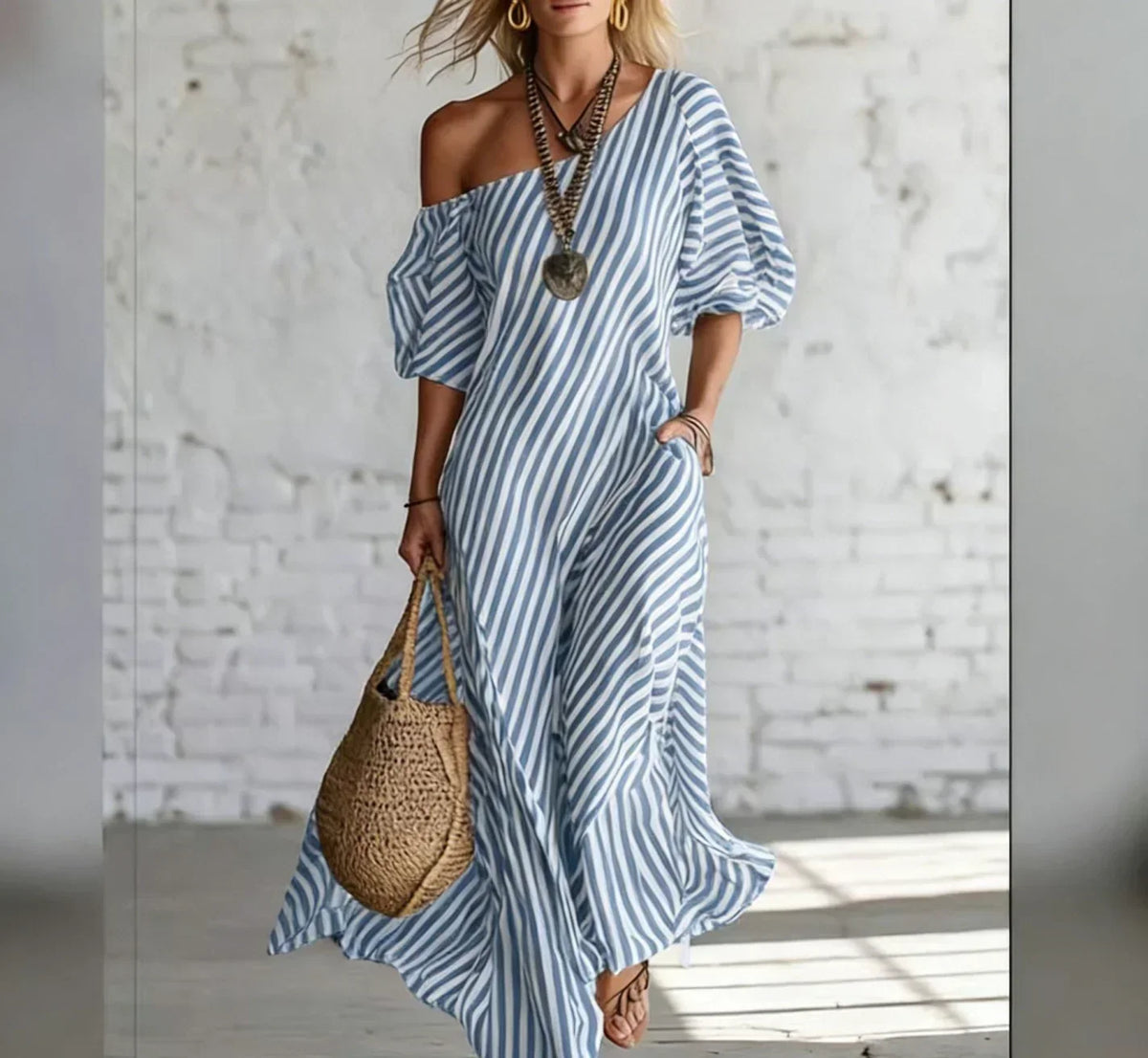 Alysha™ | Abito Lungo Monospalla a Righe con Tasche