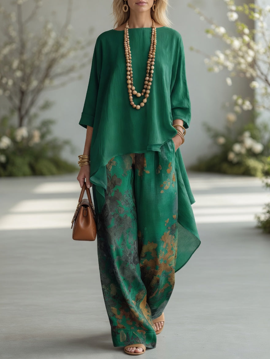Lorenza | Completo Vintage con Tunica e Pantaloni a Stampa Botanica