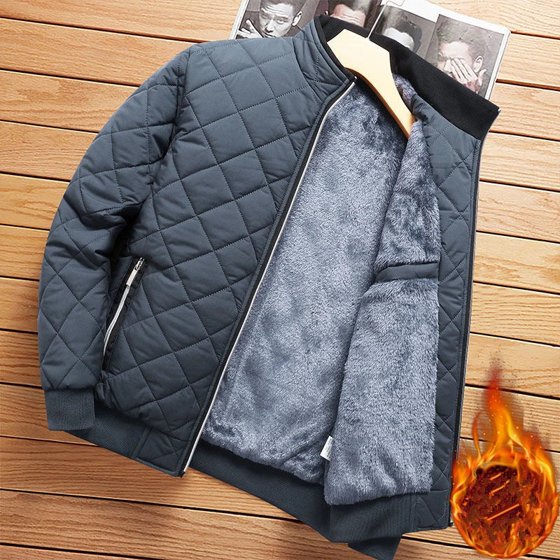 Chaqueta Bomber de Otoño Invierno para Hombre, Forro Polar con Patrón de Diamantes, Chaqueta Casual, Ropa de Moda Masculina 2026, Nueva, Corte Ajustado