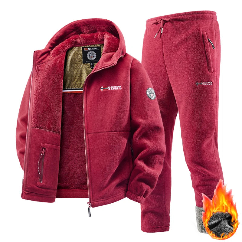 2025 nuevo conjunto de ropa deportiva de invierno para hombre, chaqueta de lana gruesa de entrenamiento Retro + Pantalones, conjunto de dos piezas, traje de chándal informal para correr y esquí