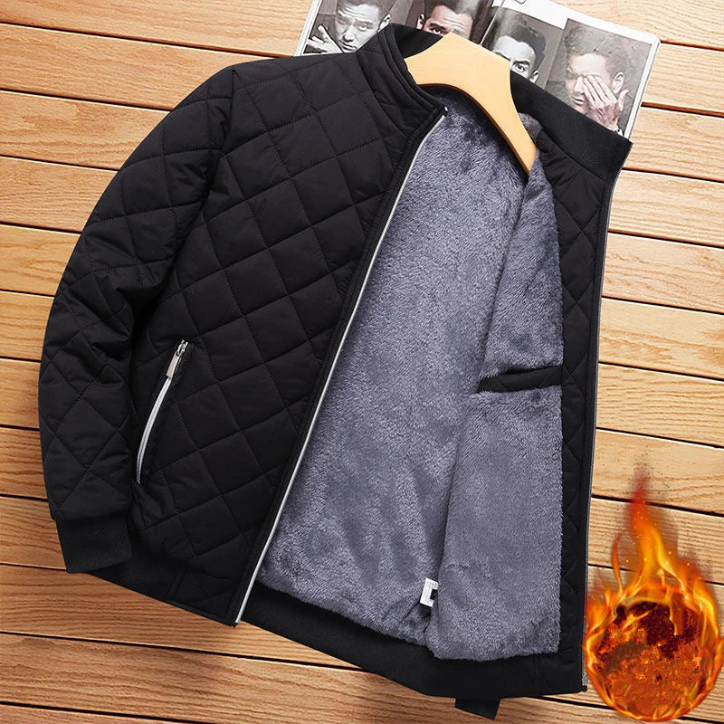 Chaqueta Bomber de Otoño Invierno para Hombre, Forro Polar con Patrón de Diamantes, Chaqueta Casual, Ropa de Moda Masculina 2026, Nueva, Corte Ajustado