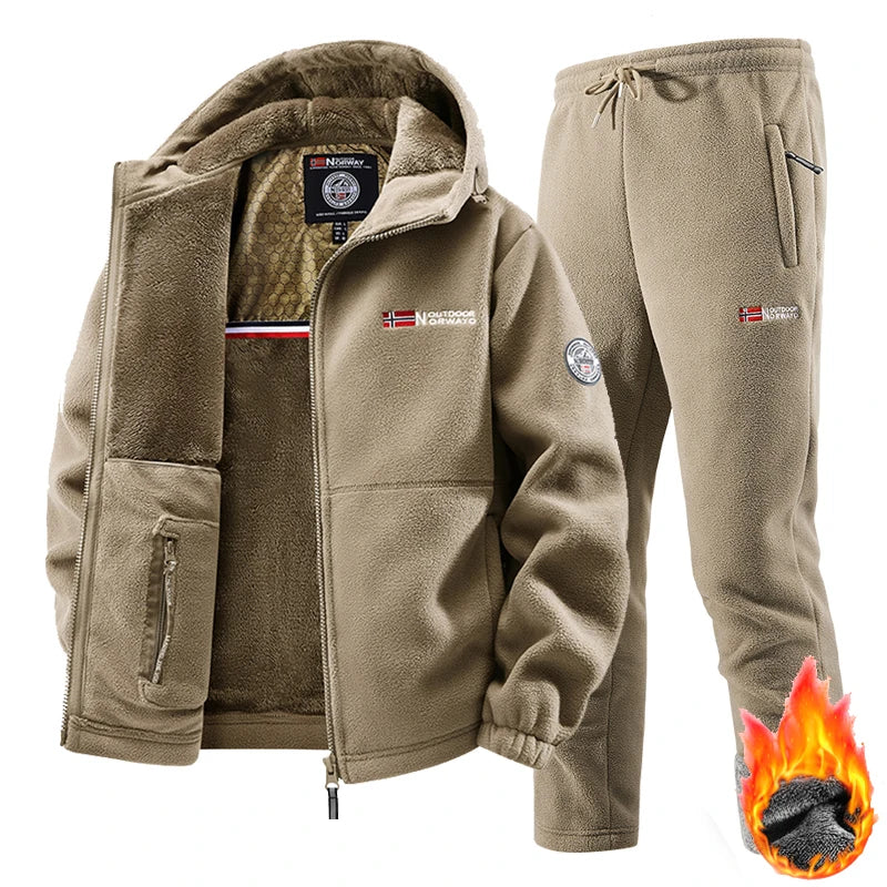 2025 nuevo conjunto de ropa deportiva de invierno para hombre, chaqueta de lana gruesa de entrenamiento Retro + Pantalones, conjunto de dos piezas, traje de chándal informal para correr y esquí