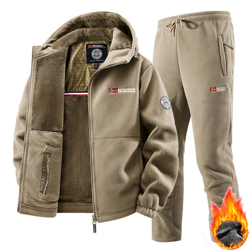 2025 nuevo conjunto de ropa deportiva de invierno para hombre, chaqueta de lana gruesa de entrenamiento Retro + Pantalones, conjunto de dos piezas, traje de chándal informal para correr y esquí