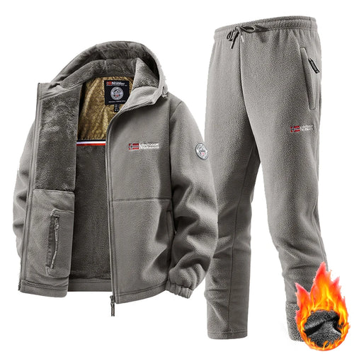 2025 nuevo conjunto de ropa deportiva de invierno para hombre, chaqueta de lana gruesa de entrenamiento Retro + Pantalones, conjunto de dos piezas, traje de chándal informal para correr y esquí