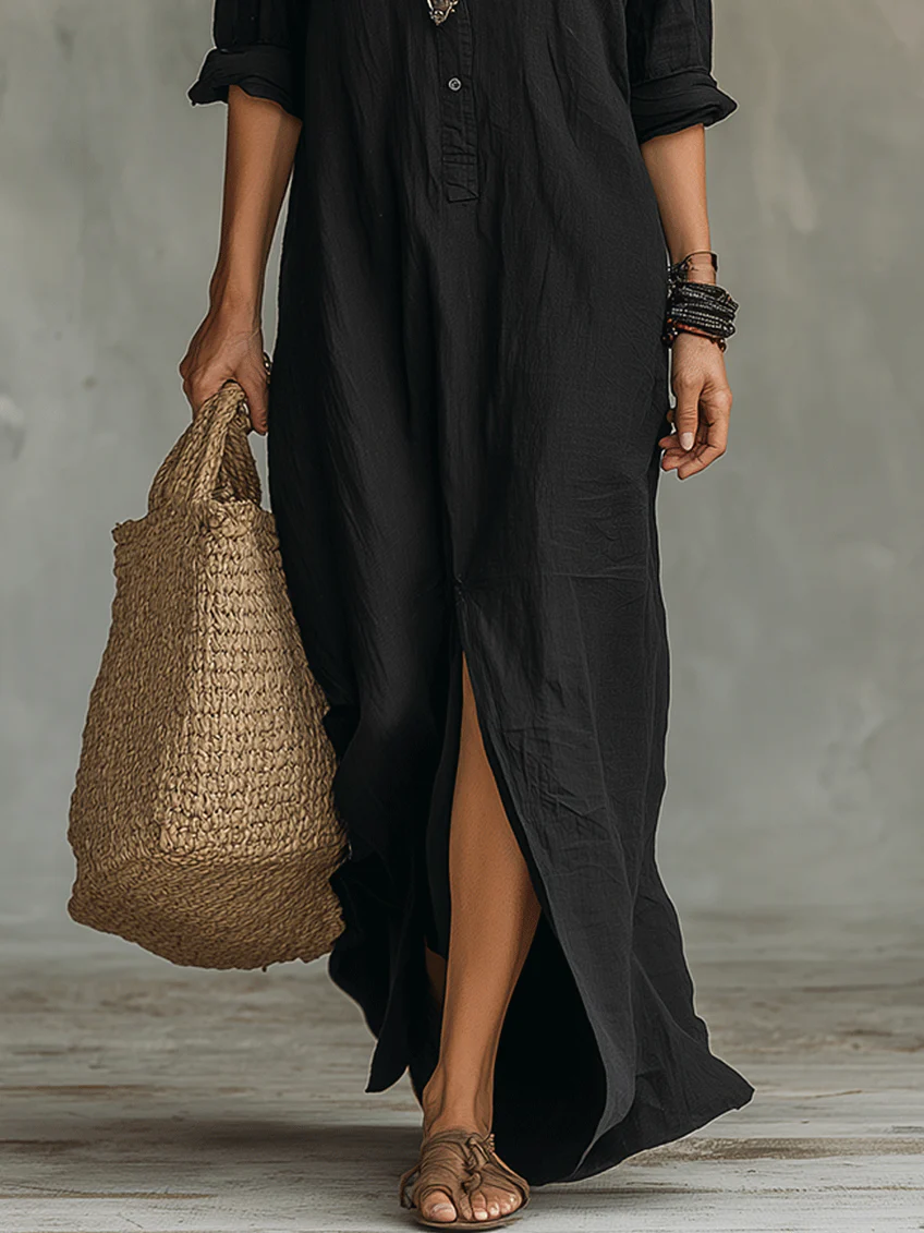 Soline™ | Abito Maxi Nero Ampio con Bottoni